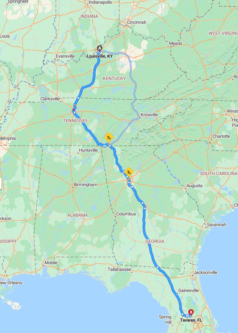 driving from Louisville, Kentucky to TavaresFlorida - map and route