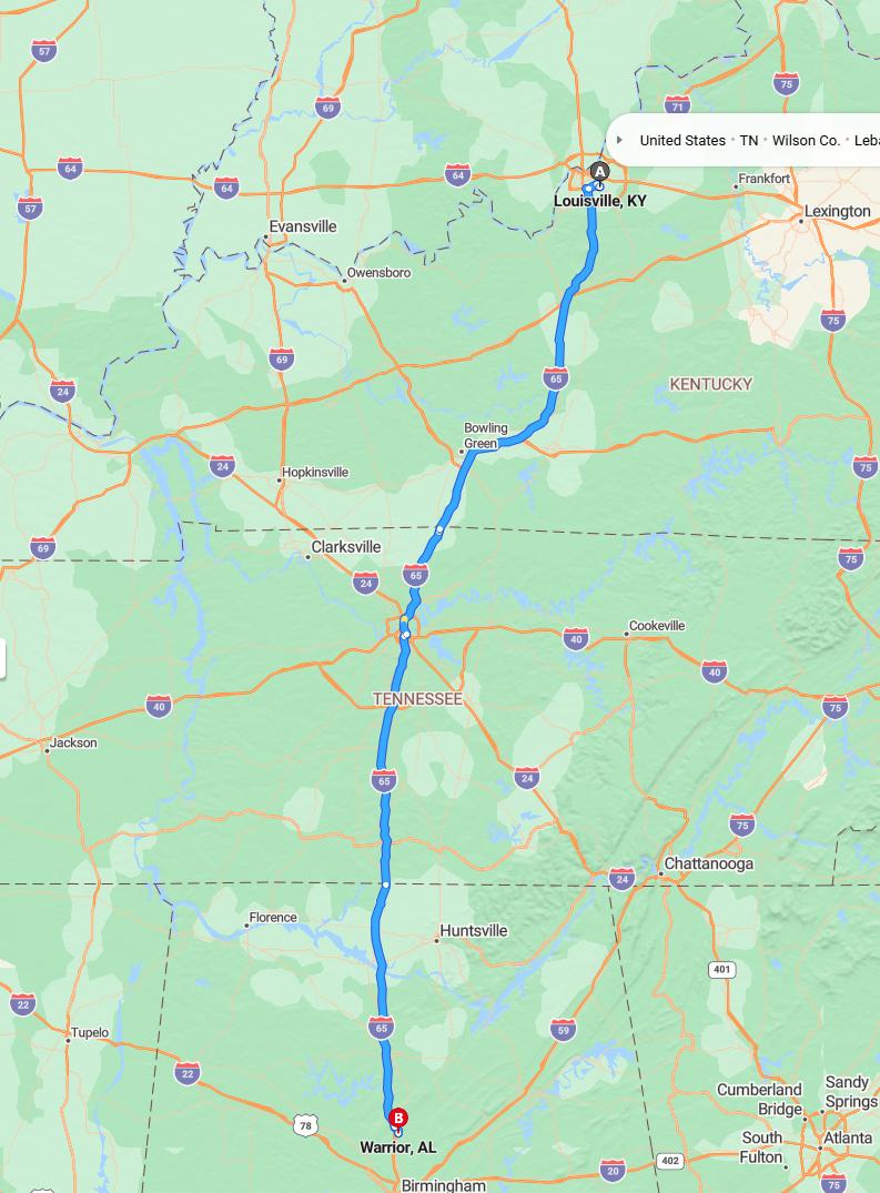 driving from Louisville, Kentucky to WarriorAlabama - map and route