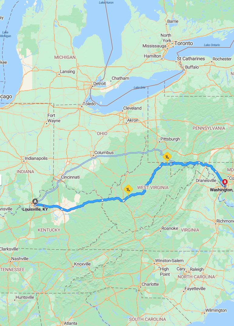 driving from Louisville, Kentucky to WashingtonDistrict of Columbia - map and route