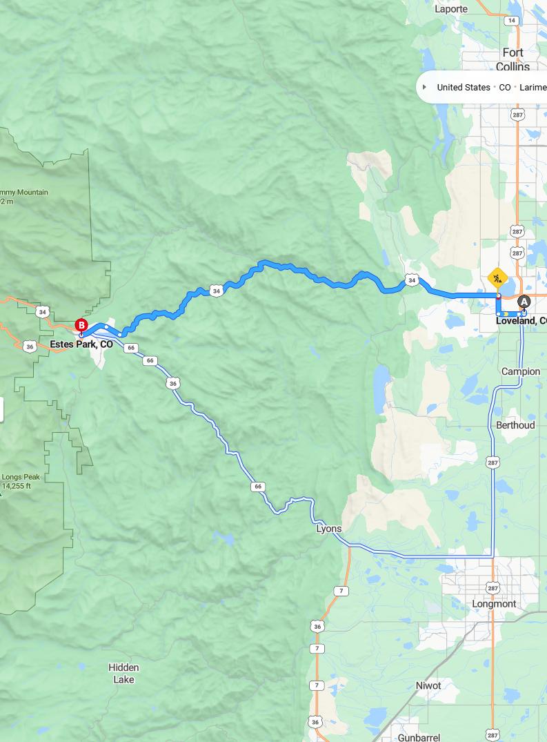 driving from Loveland, Colorado to Estes ParkColorado - map and route
