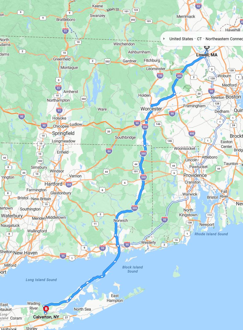 driving from Lowell, Massachusetts to CalvertonNew York - map and route