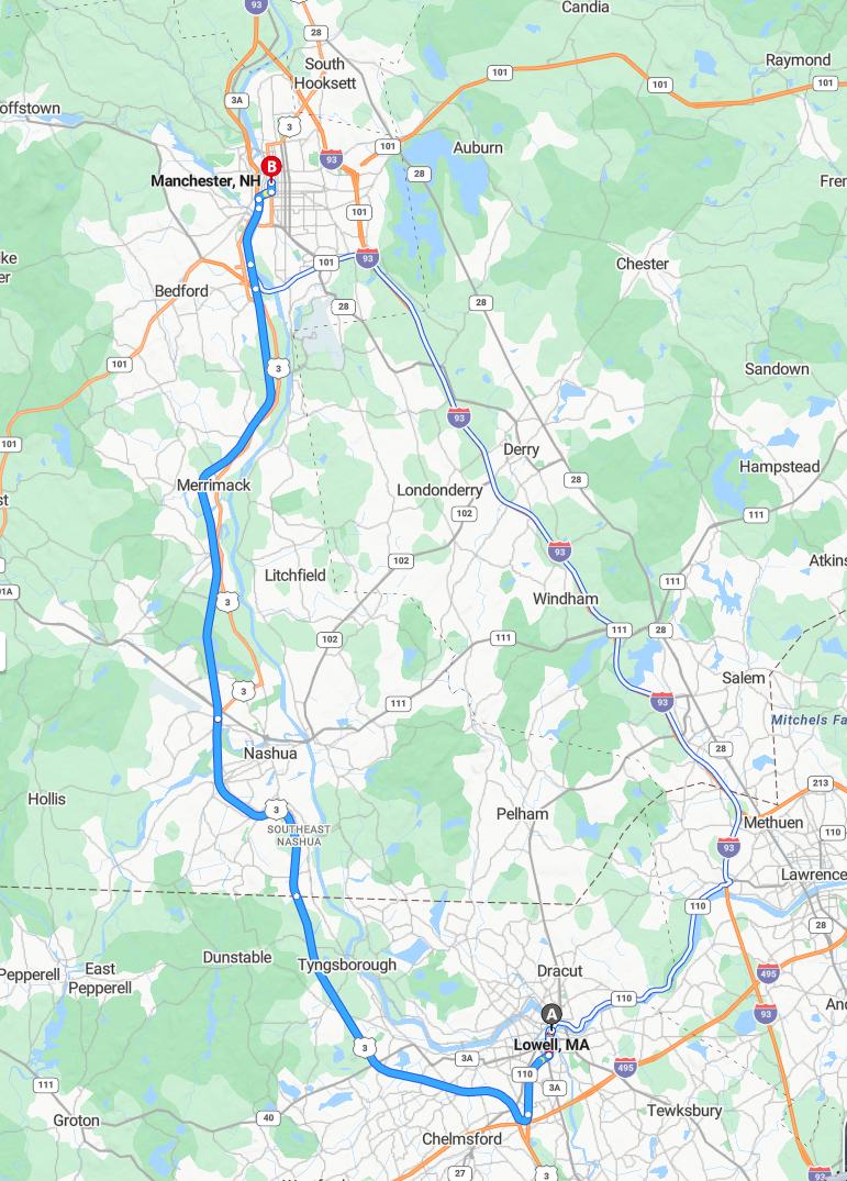 driving from Lowell, Massachusetts to ManchesterNew Hampshire - map and route