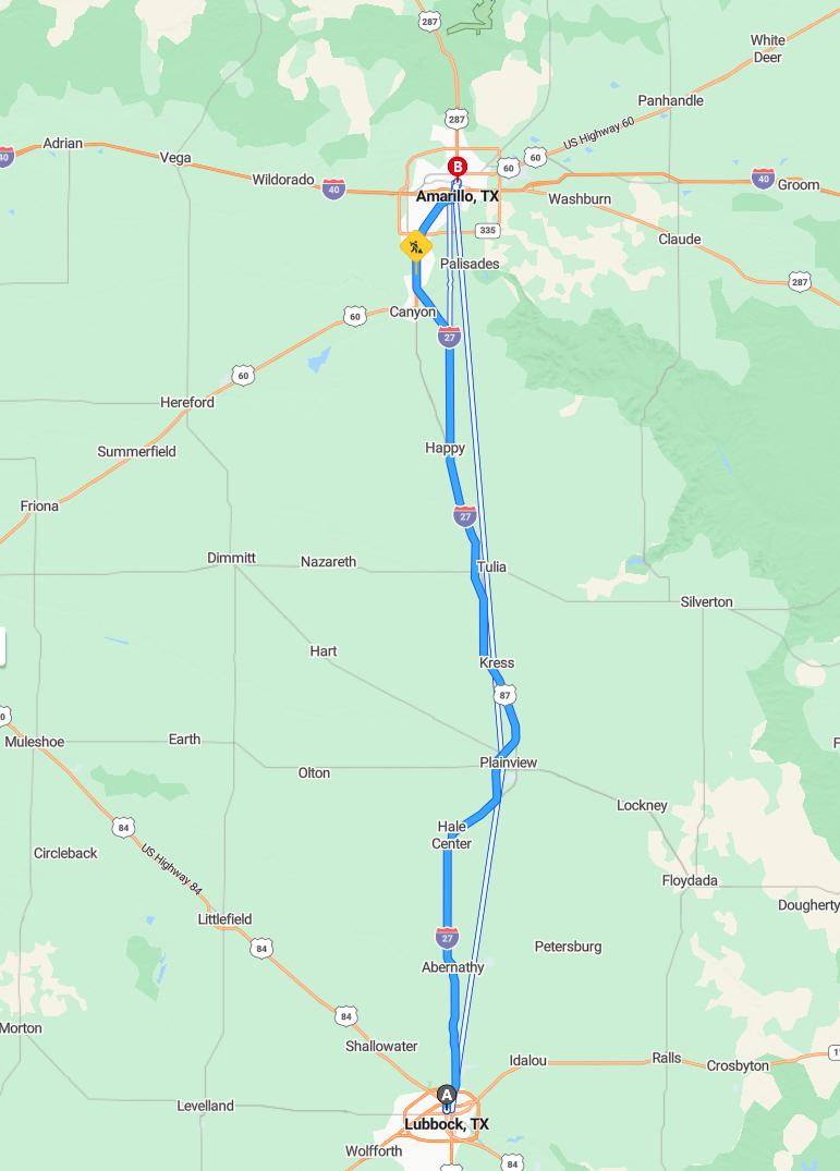 driving from Lubbock, Texas to AmarilloTexas - map and route
