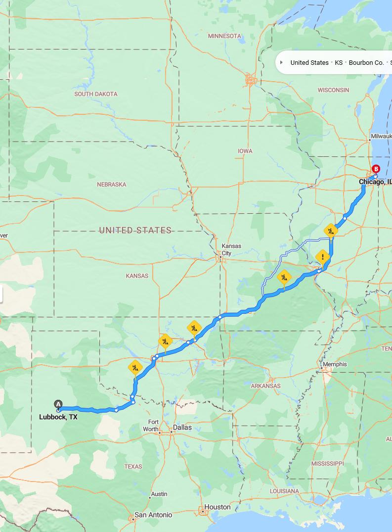 driving from Lubbock, Texas to ChicagoIllinois - map and route
