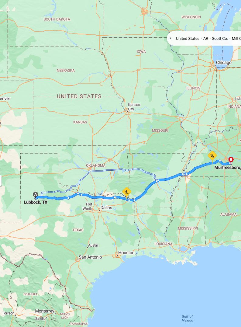 driving from Lubbock, Texas to MurfreesboroTennessee - map and route