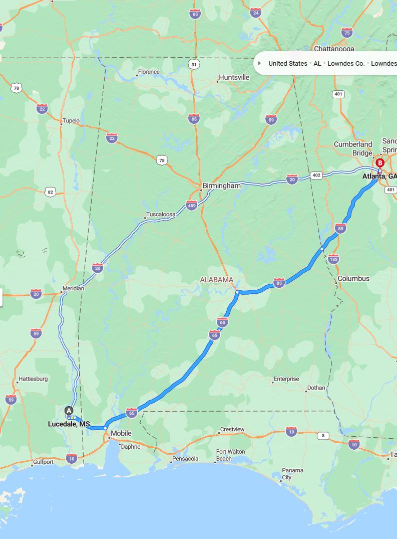 driving from Lucedale, Mississippi to AtlantaGeorgia - map and route