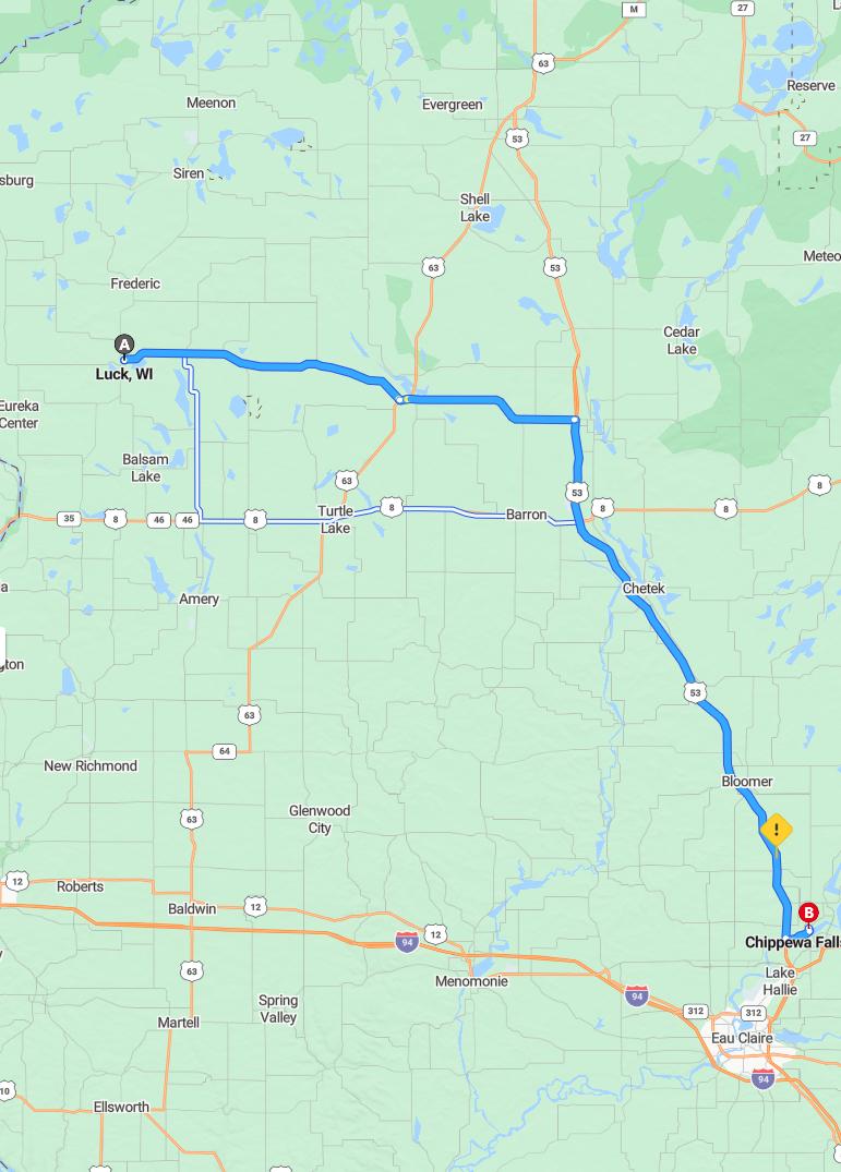 driving from Luck, Wisconsin to Chippewa FallsWisconsin - map and route