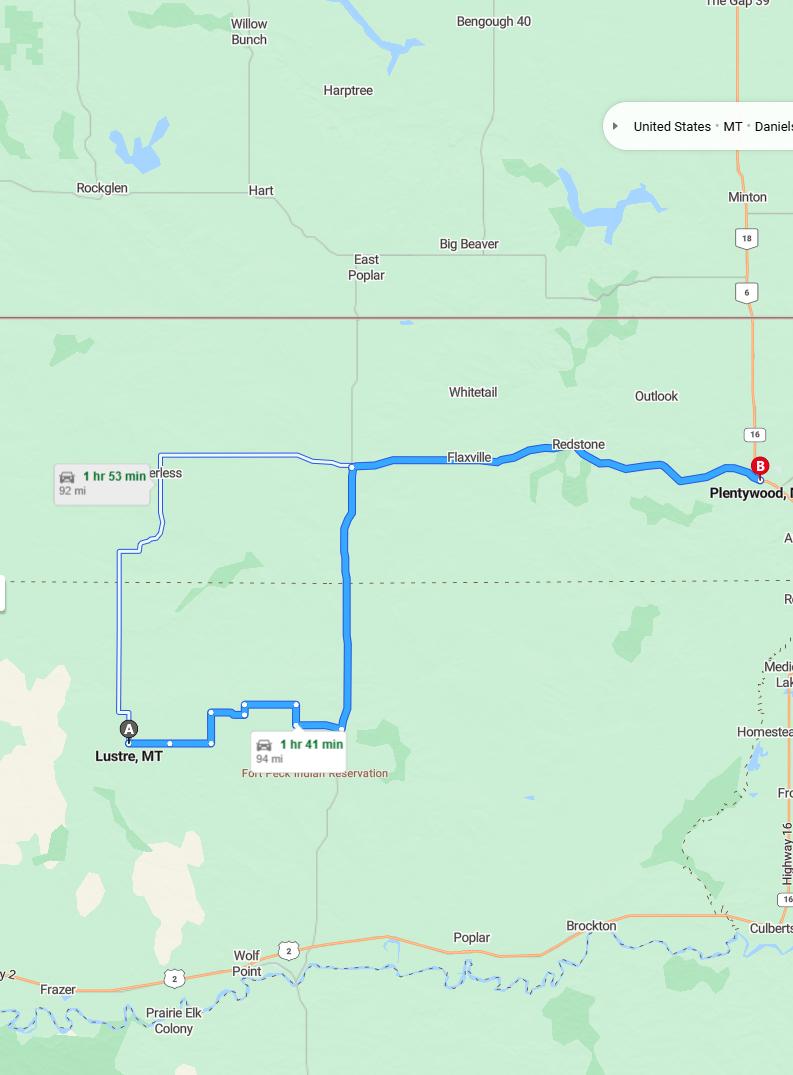 driving from Lustre, Montana to PlentywoodMontana - map and route