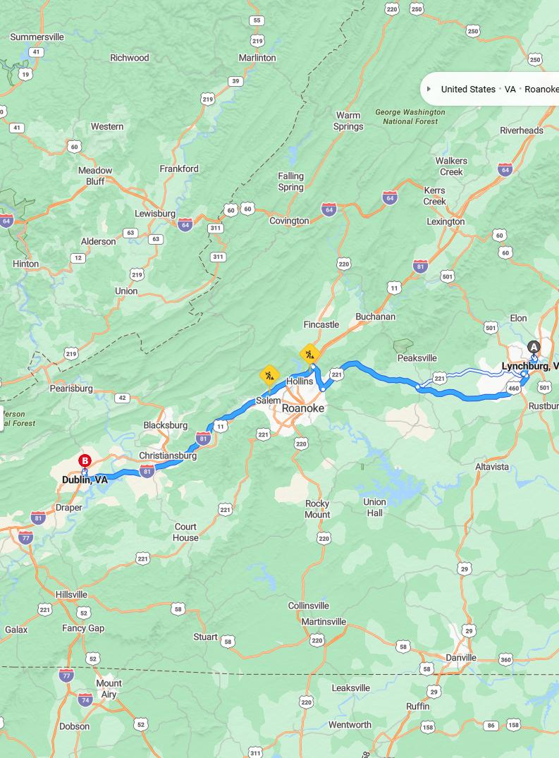 driving from Lynchburg, Virginia to DublinVirginia - map and route