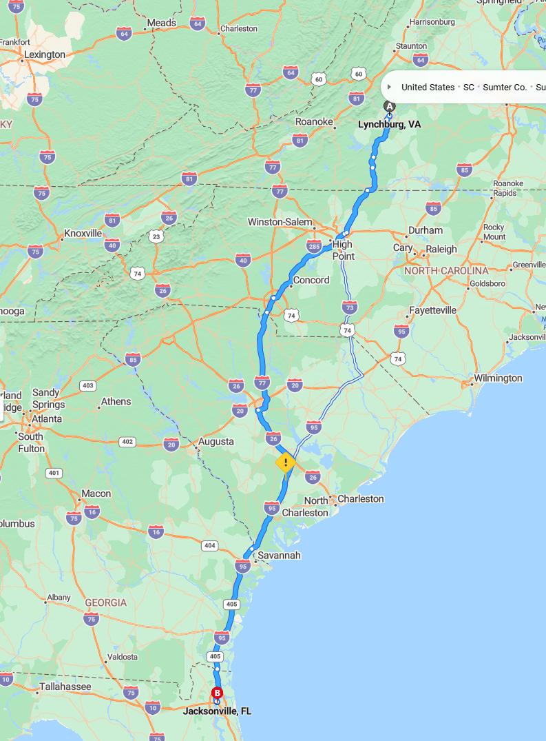 driving from Lynchburg, Virginia to JacksonvilleFlorida - map and route
