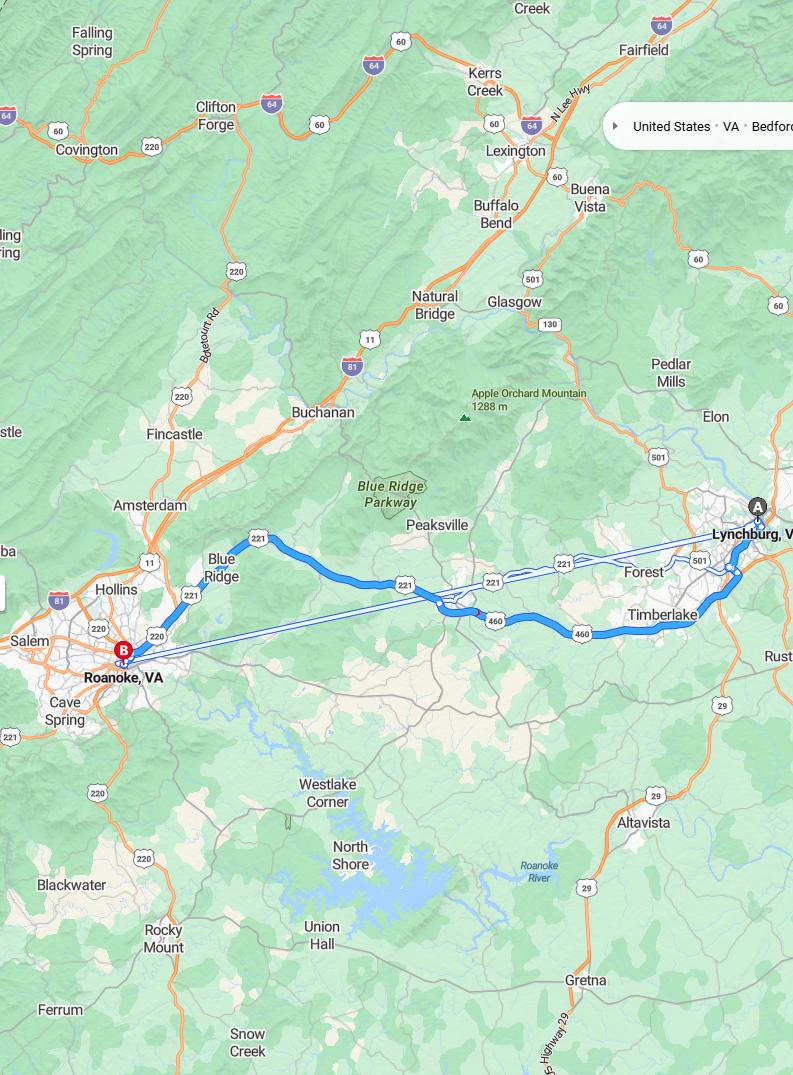 driving from Lynchburg, Virginia to RoanokeVirginia - map and route