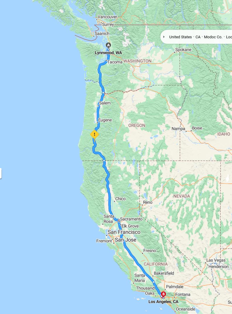 driving from Lynnwood, Washington to Los AngelesCalifornia - map and route