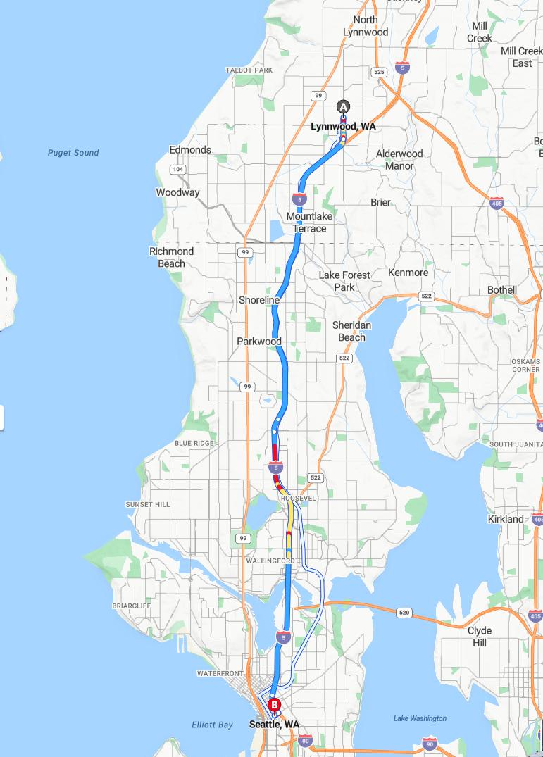 driving from Lynnwood, Washington to SeattleWashington - map and route