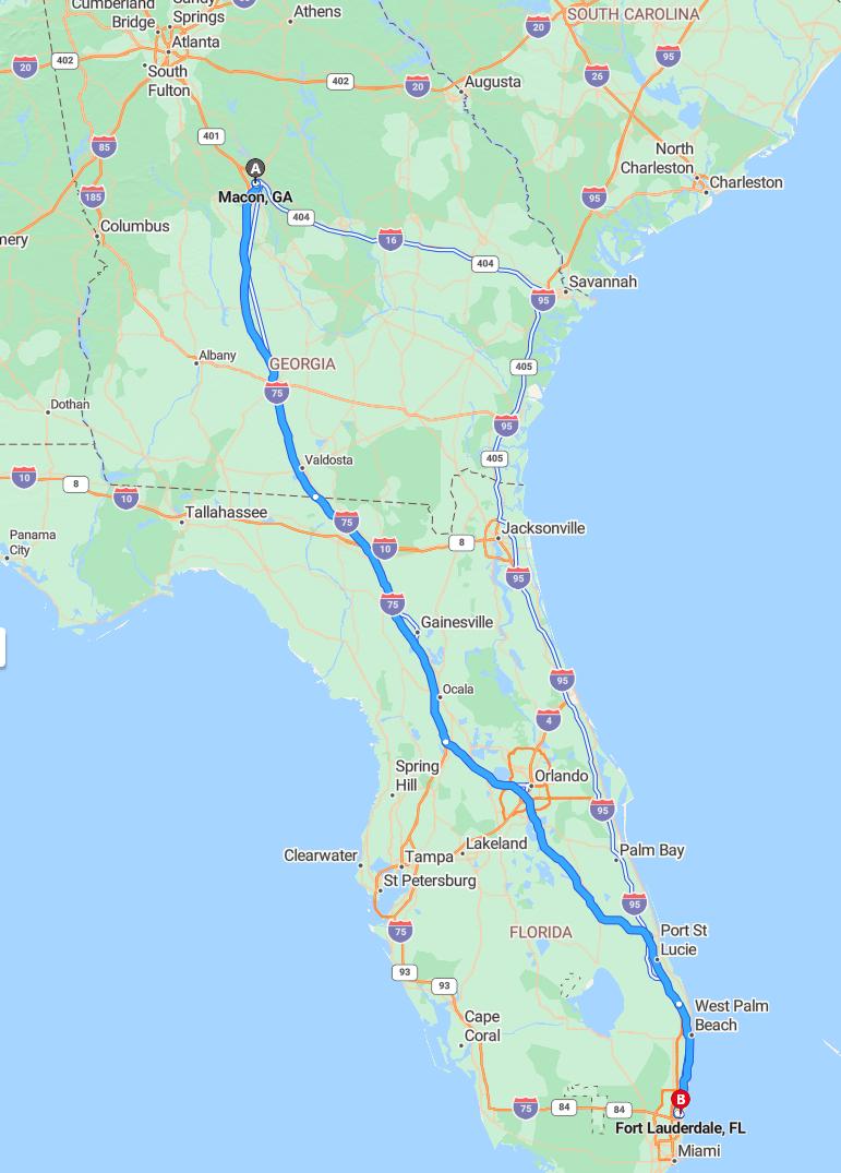 driving from Macon, Georgia to Fort LauderdaleFlorida - map and route
