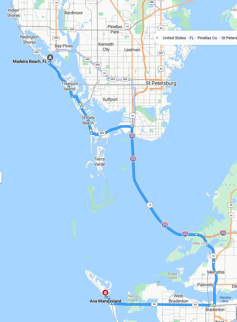 driving from Madeira Beach, Florida to Anna Maria IslandFlorida - map and route