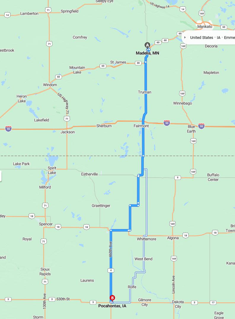 driving from Madelia, Minnesota to PocahontasIowa - map and route
