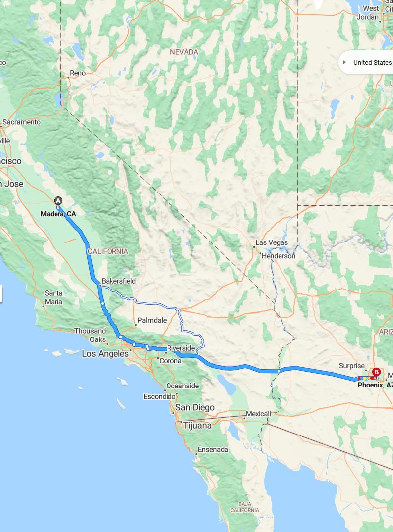 driving from Madera, California to PhoenixArizona - map and route