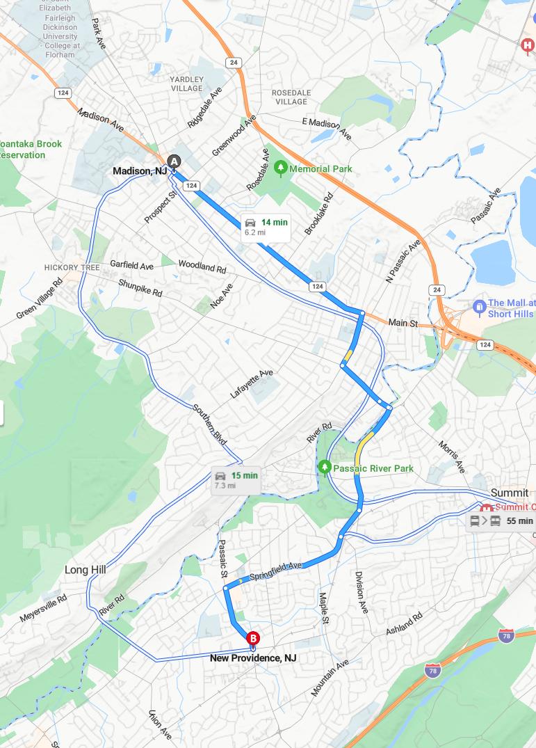 driving from Madison, New Jersey to New ProvidenceNew Jersey - map and route
