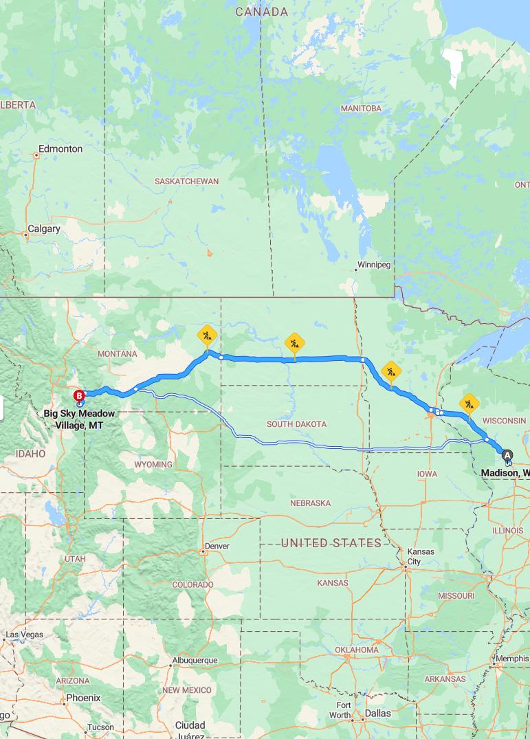 driving from Madison, Wisconsin to Big SkyMontana - map and route