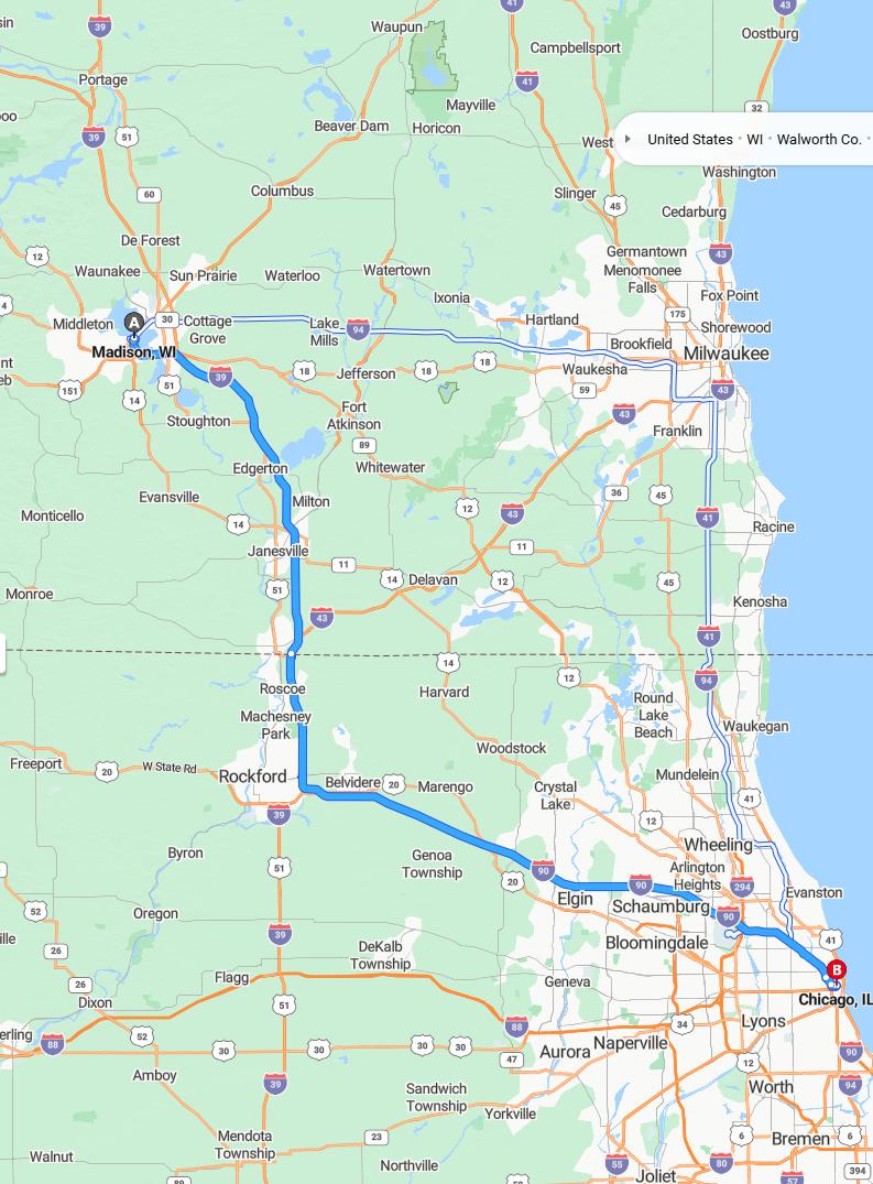 driving from Madison, Wisconsin to ChicagoIllinois - map and route