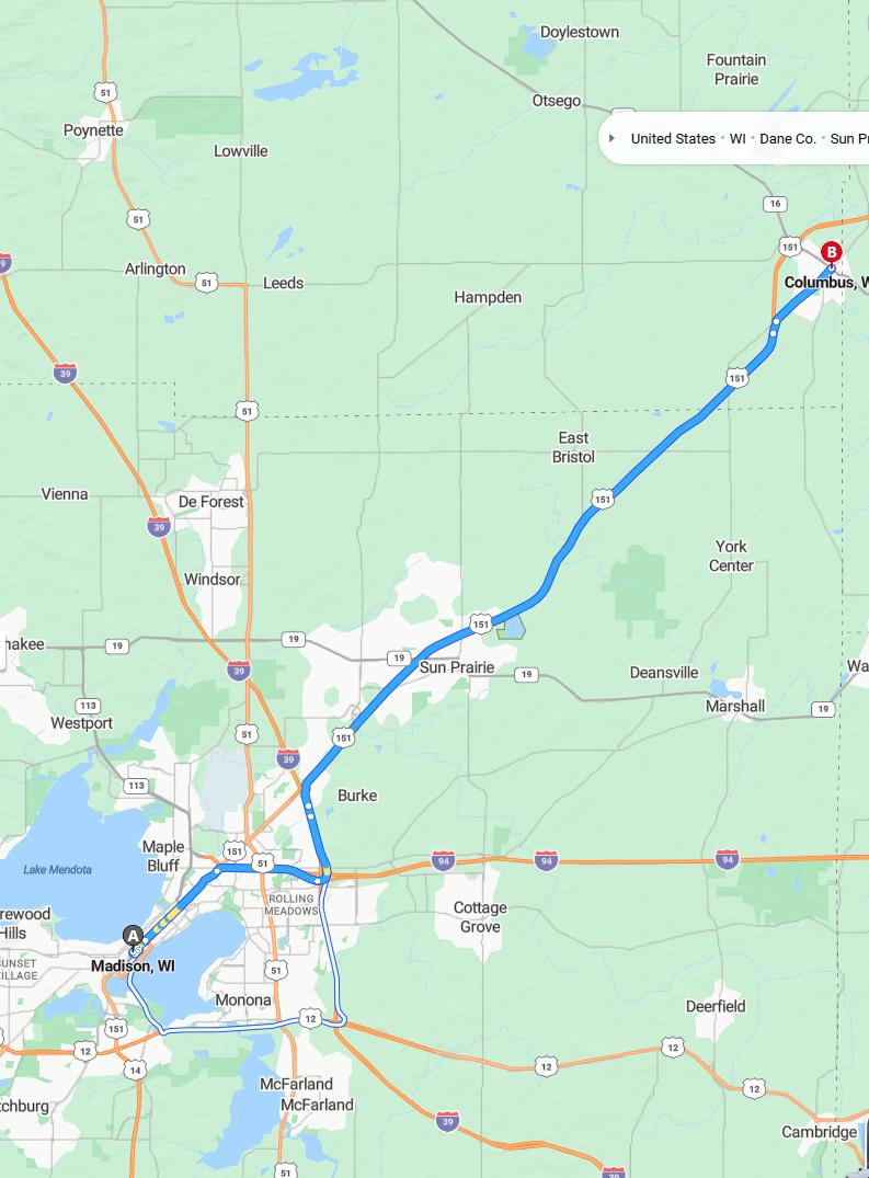 driving from Madison, Wisconsin to ColumbusWisconsin - map and route