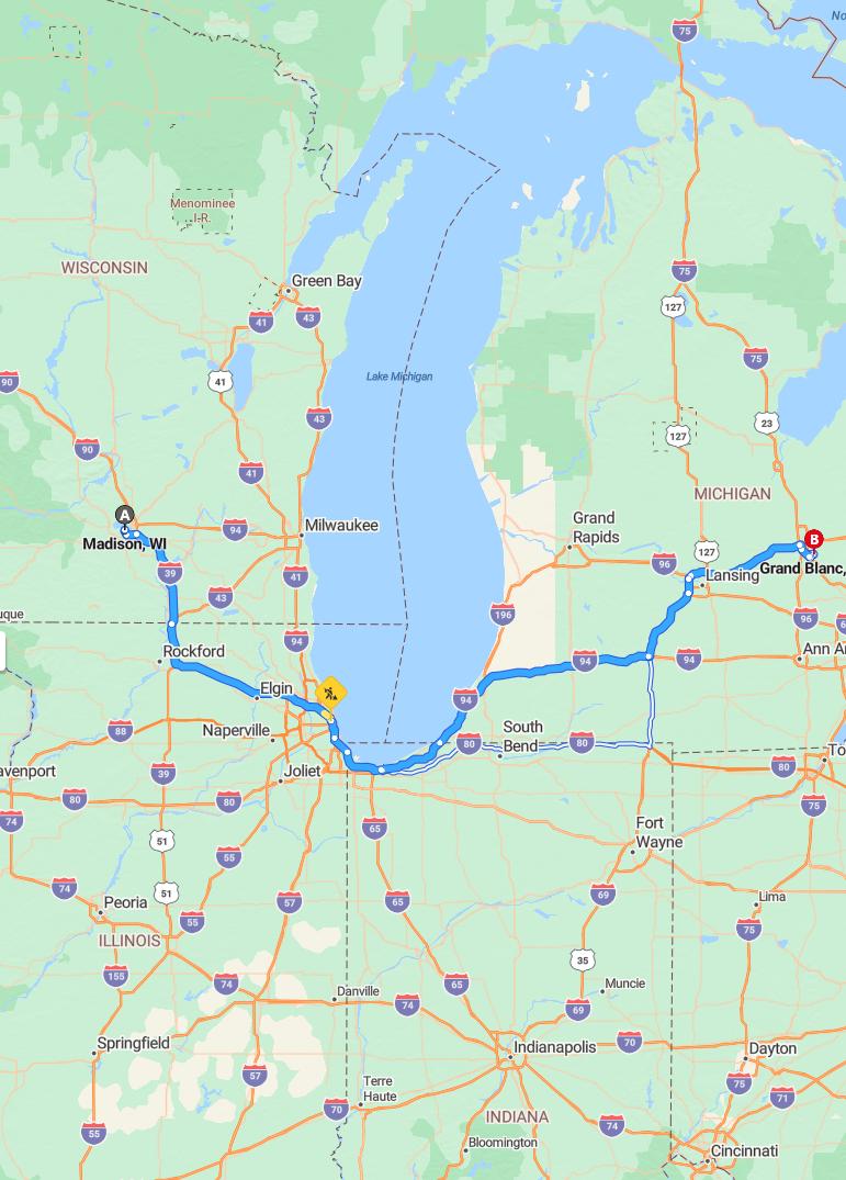 driving from Madison, Wisconsin to Grand BlancMichigan - map and route