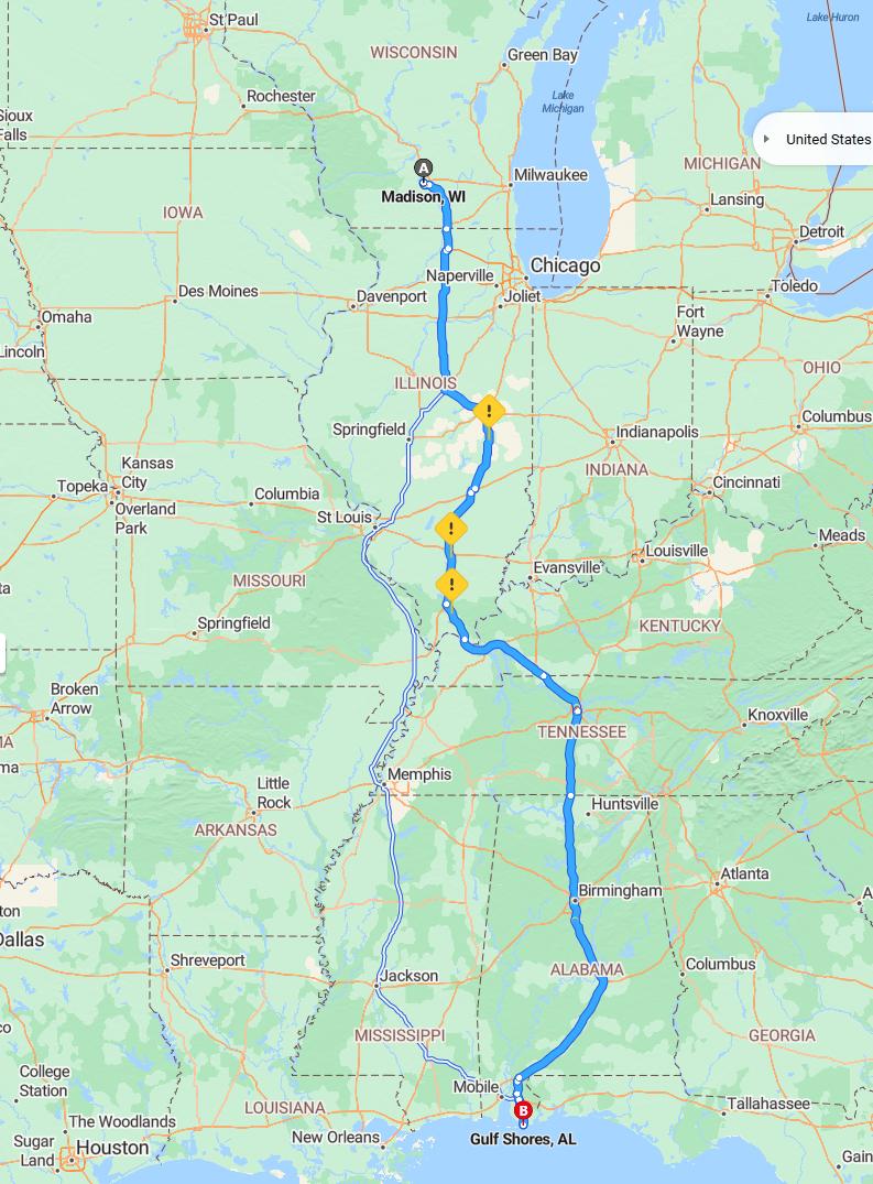 driving from Madison, Wisconsin to Gulf ShoresAlabama - map and route
