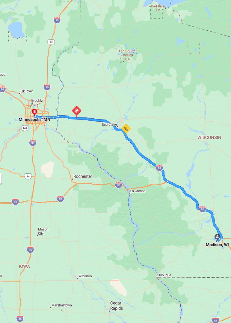 driving from Madison, Wisconsin to MinneapolisMinnesota - map and route