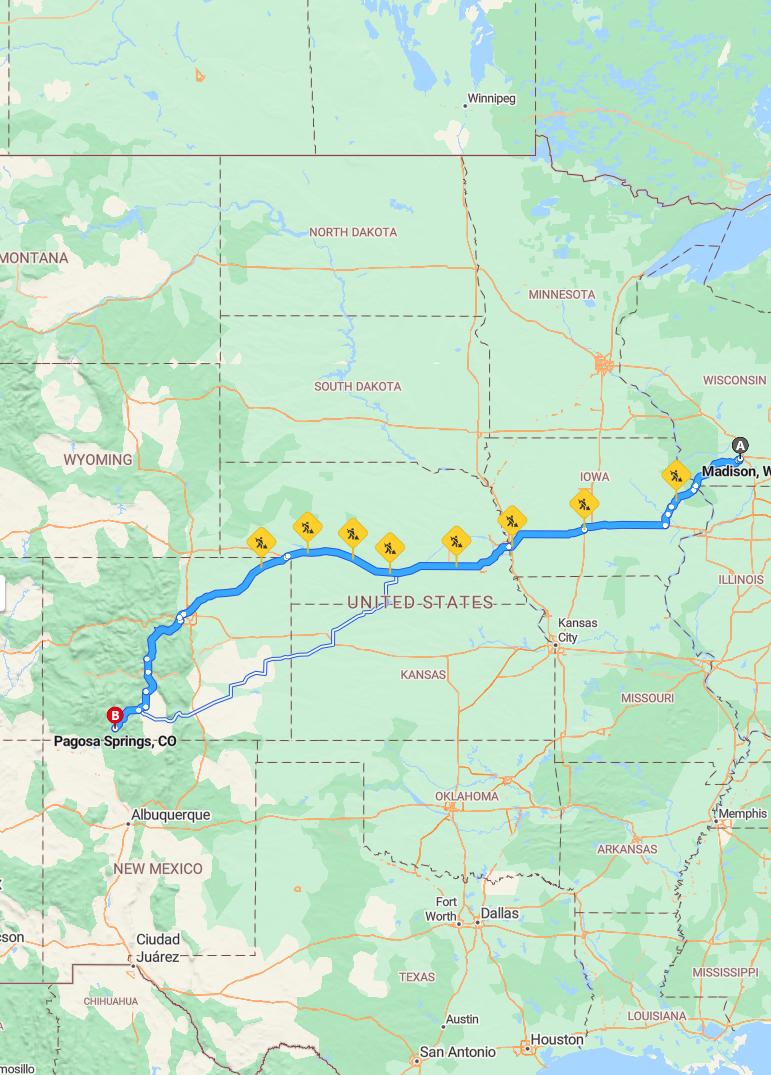 driving from Madison, Wisconsin to Pagosa SpringsColorado - map and route
