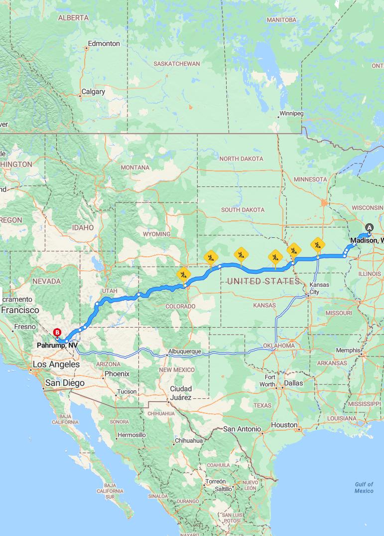 driving from Madison, Wisconsin to PahrumpNevada - map and route
