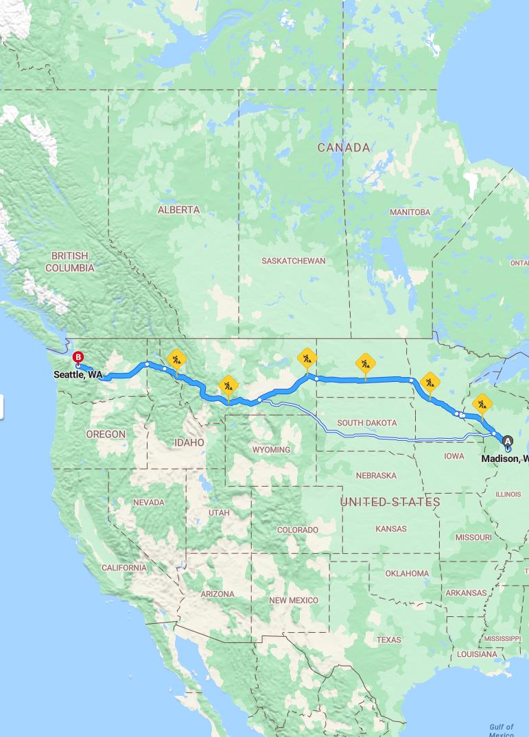 driving from Madison, Wisconsin to SeattleWashington - map and route