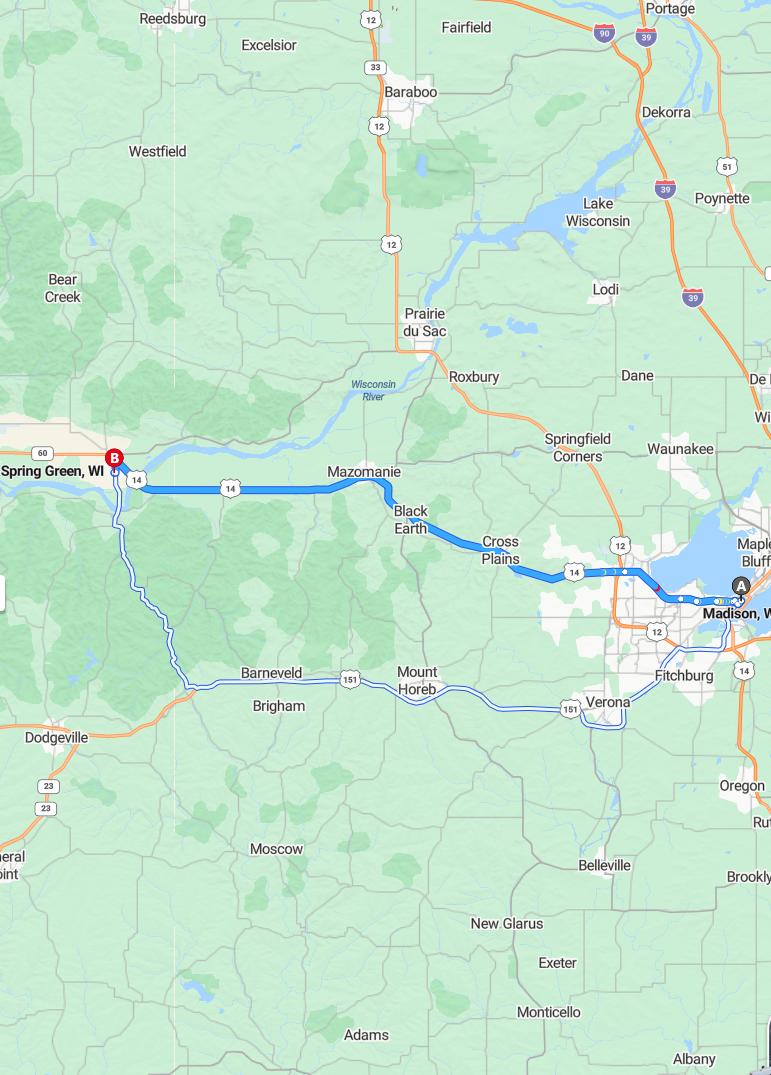 driving from Madison, Wisconsin to Spring GreenWisconsin - map and route