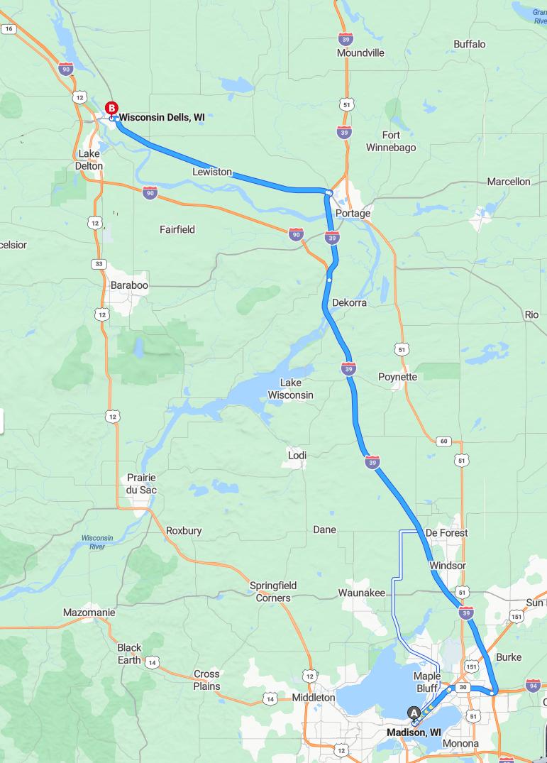 driving from Madison, Wisconsin to Wisconsin DellsWisconsin - map and route