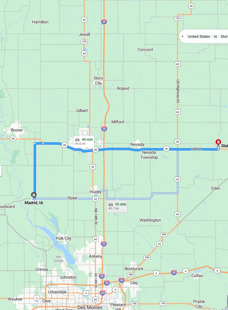 driving from Madrid, Iowa to State CenterIowa - map and route