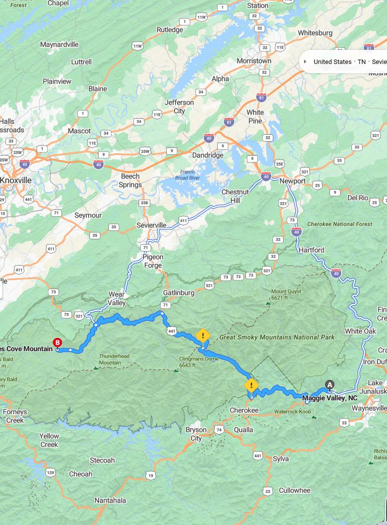 driving from Maggie Valley, North Carolina to Cades CoveTennessee - map and route