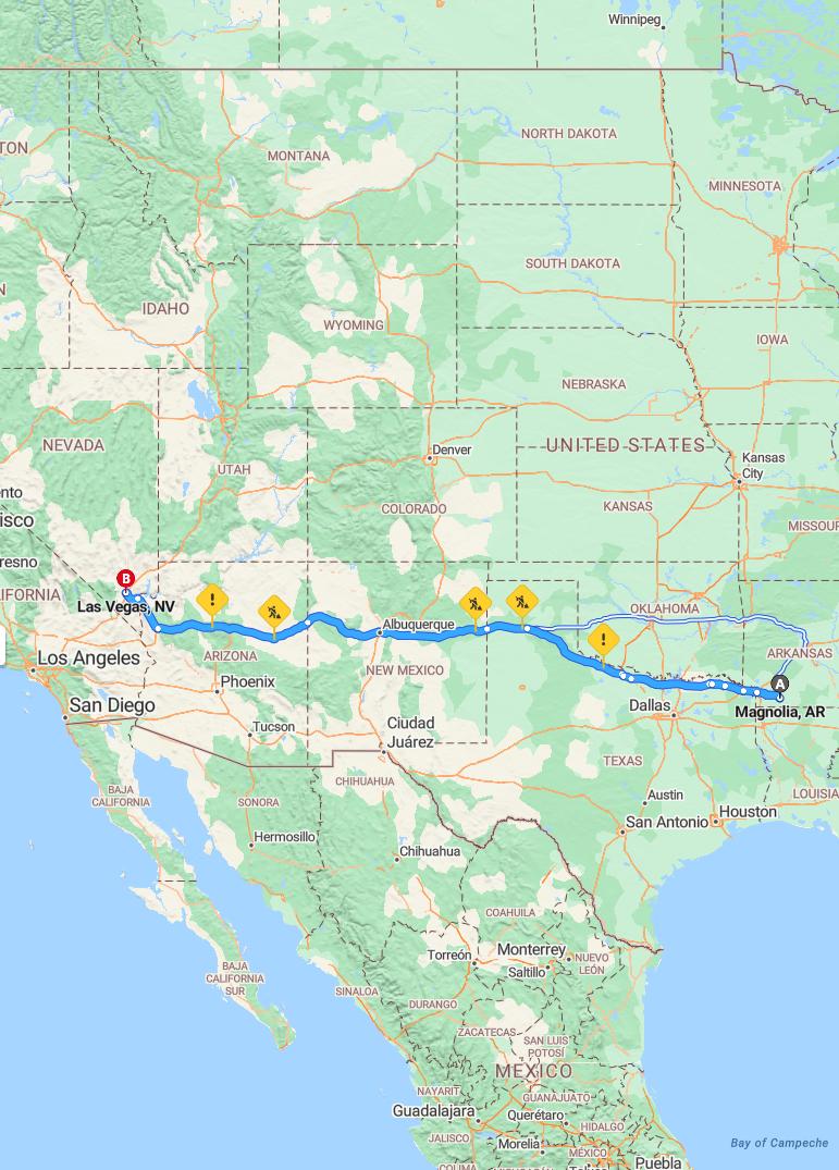 driving from Magnolia, Arkansas to Las VegasNevada - map and route