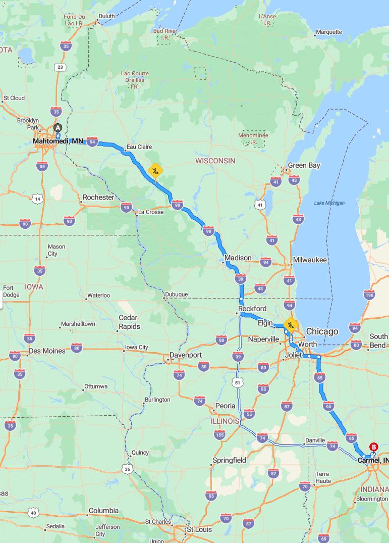 driving from Mahtomedi, Minnesota to CarmelIndiana - map and route