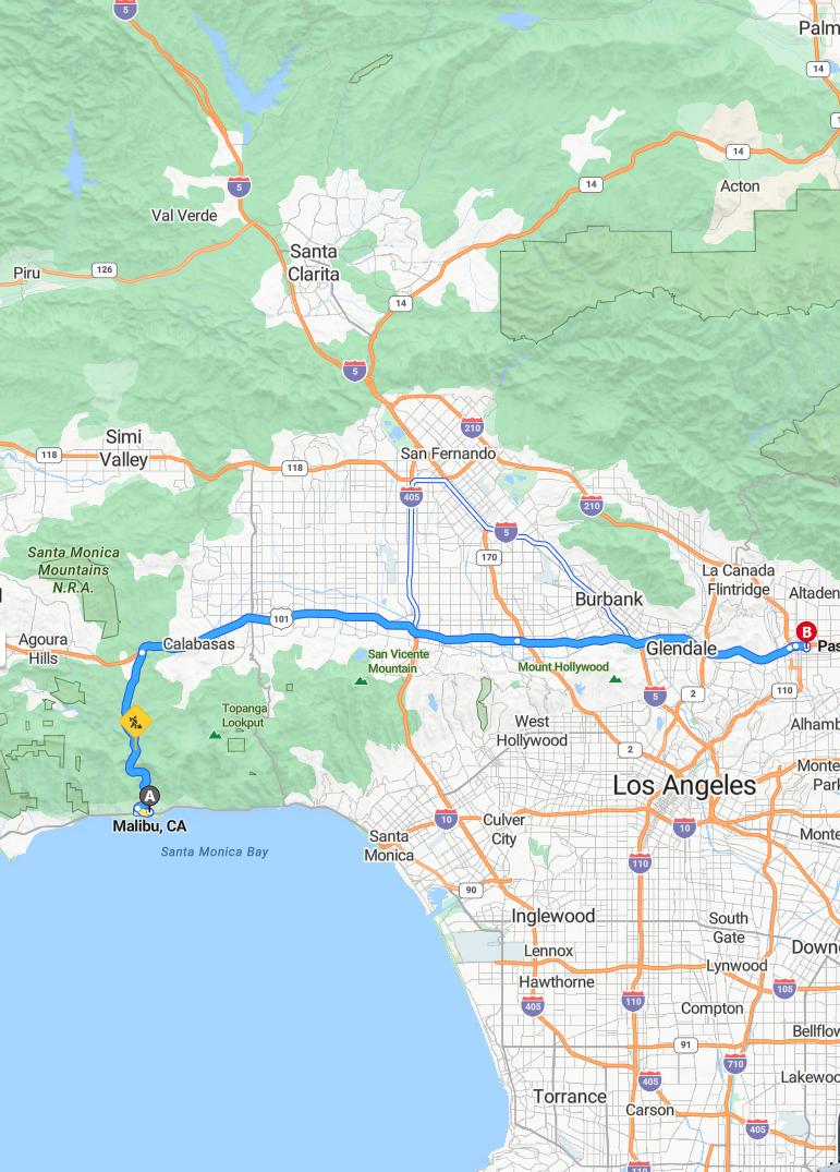 driving from Malibu, California to PasadenaCalifornia - map and route
