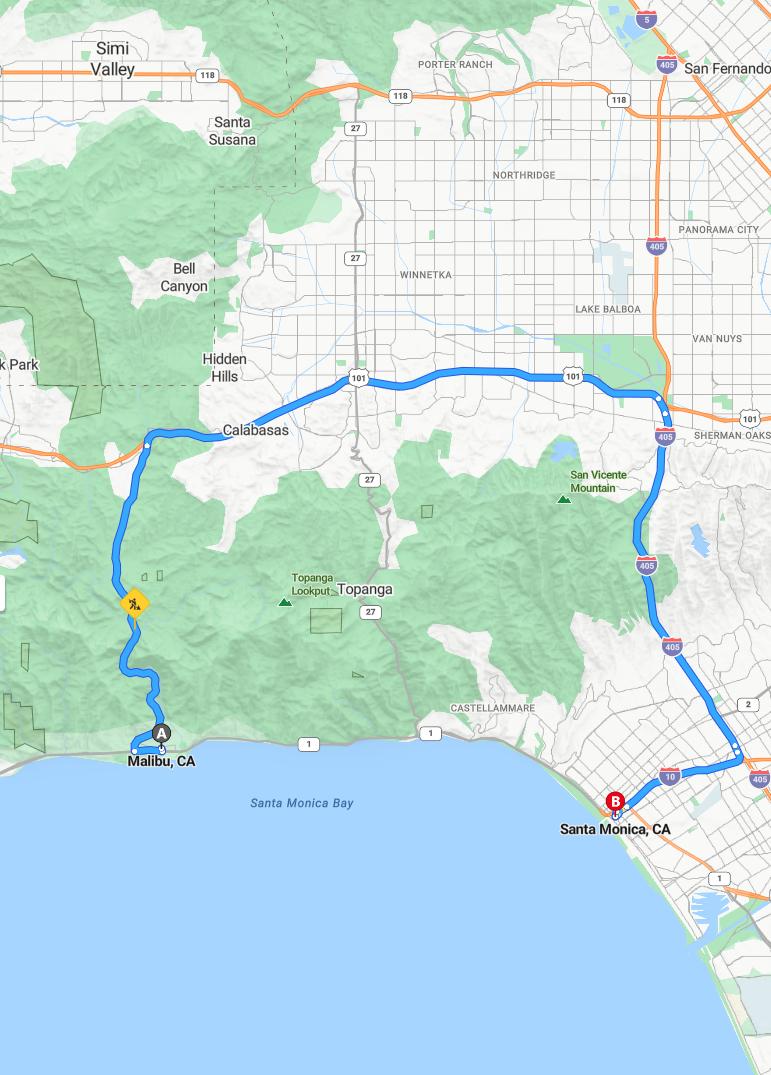 driving from Malibu, California to Santa MonicaCalifornia - map and route