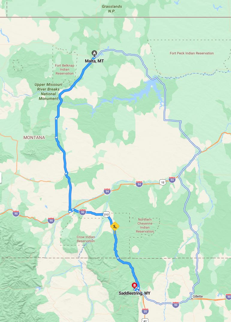 driving from Malta, Montana to SaddlestringWyoming - map and route