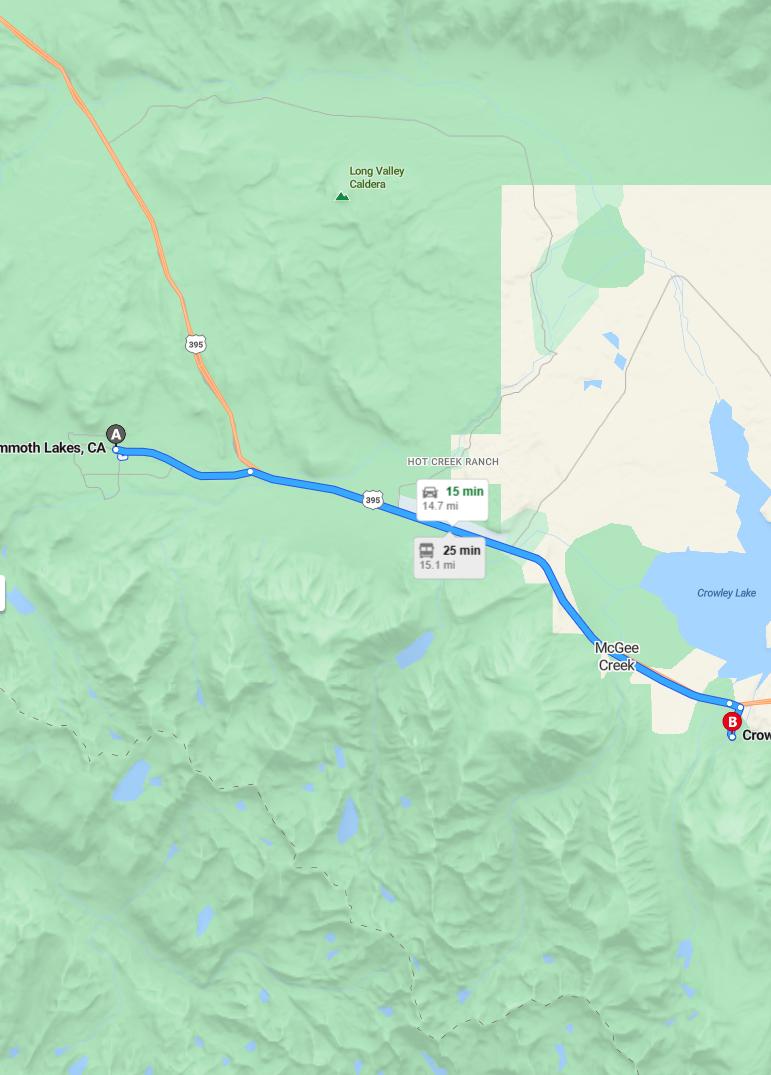 driving from Mammoth Lakes, California to Crowley LakeCalifornia - map and route