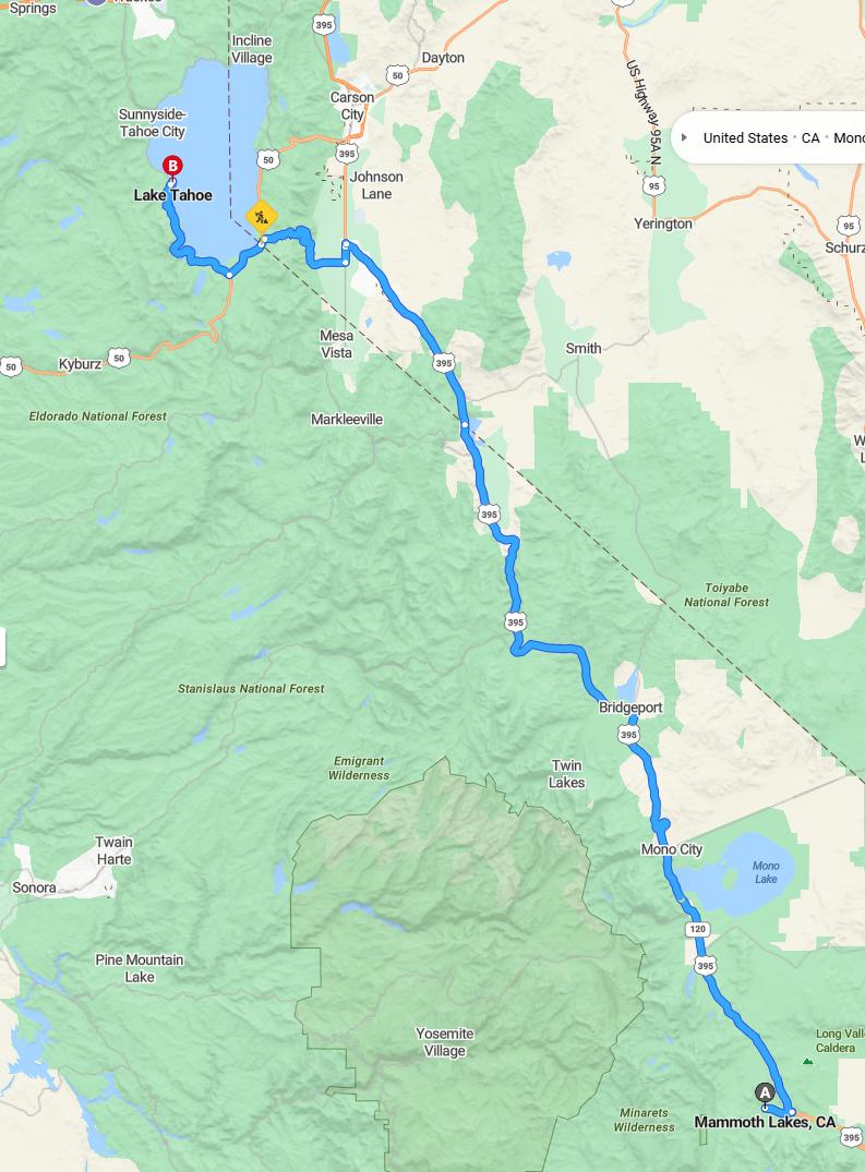 driving from Mammoth Lakes, California to Lake TahoeCalifornia - map and route