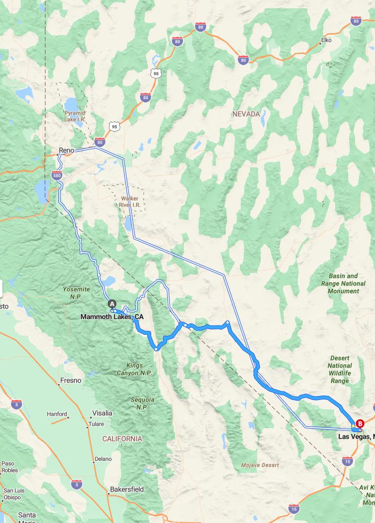 driving from Mammoth Lakes, California to Las VegasNevada - map and route