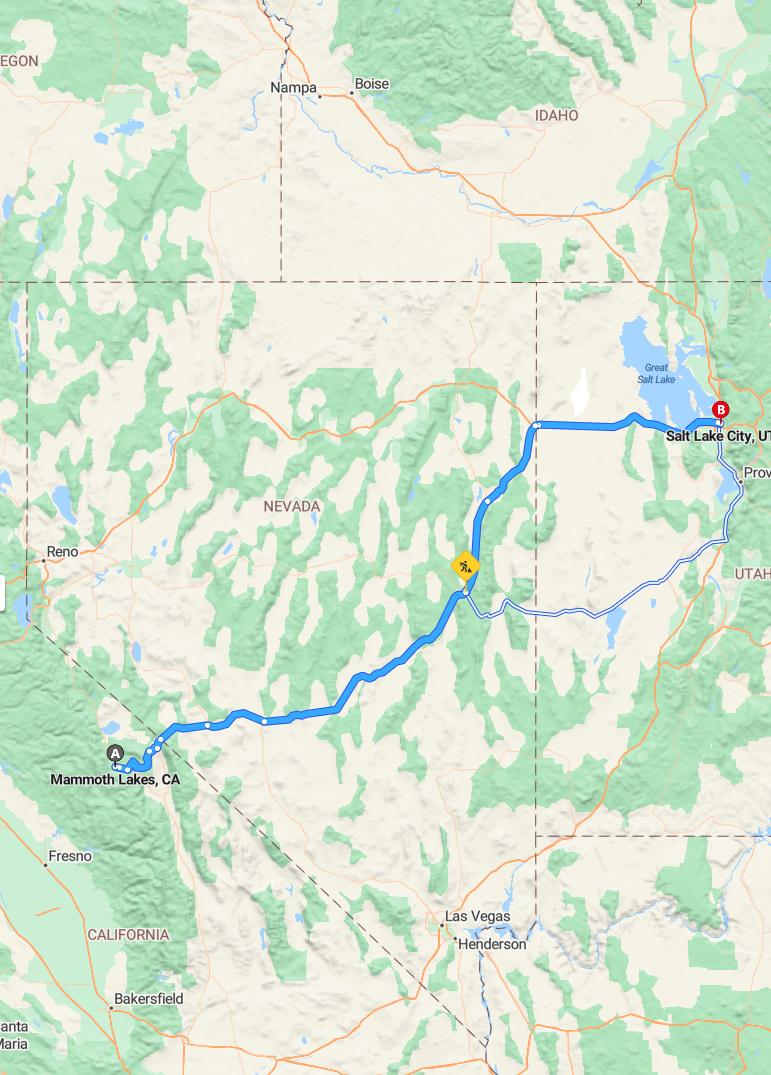 driving from Mammoth Lakes, California to Salt Lake CityUtah - map and route
