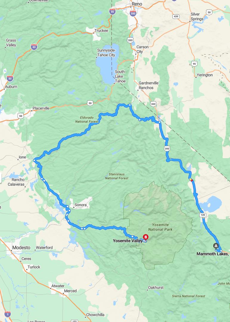 driving from Mammoth Lakes, California to Yosemite ValleyCalifornia - map and route