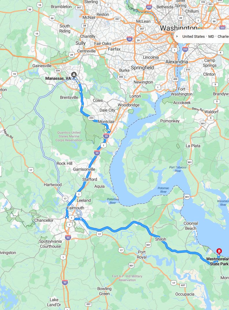driving from Manassas, Virginia to Westmoreland State ParkVirginia - map and route