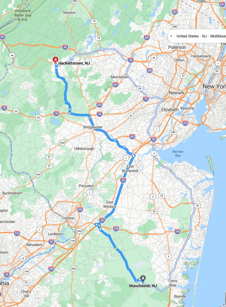 driving from Manchester, New Jersey to HackettstownNew Jersey - map and route