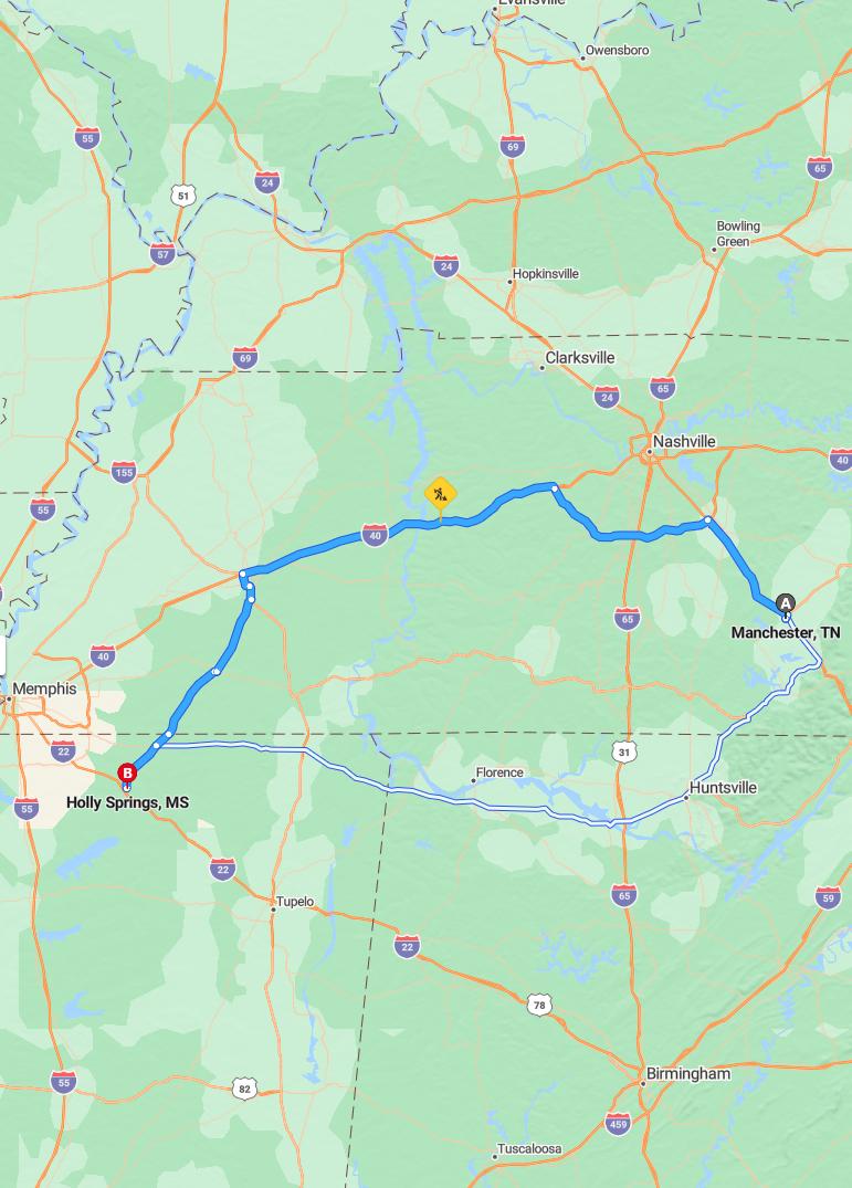 driving from Manchester, Tennessee to Holly SpringsMississippi - map and route