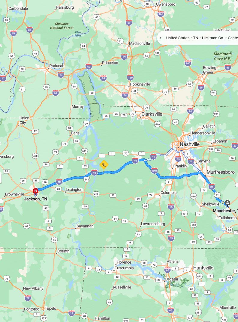 driving from Manchester, Tennessee to JacksonTennessee - map and route