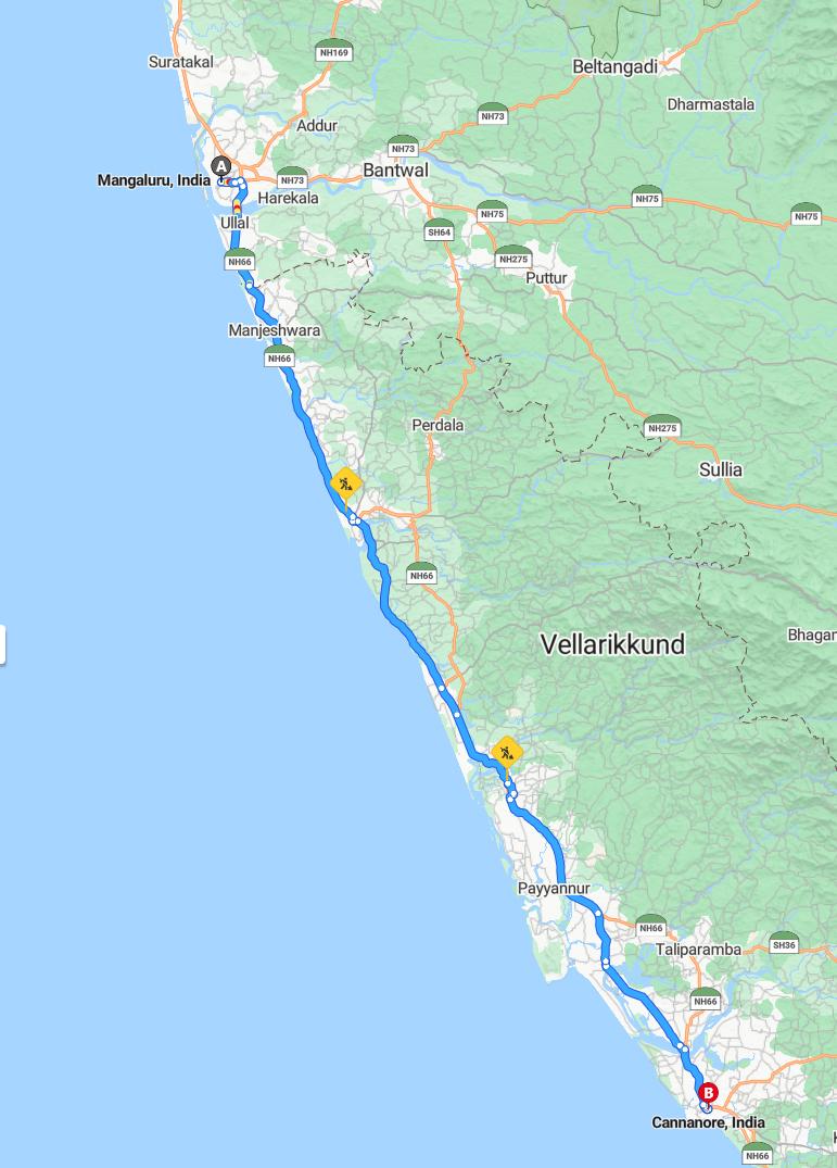driving from Mangalore, Karnataka to KannurKerala - map and route